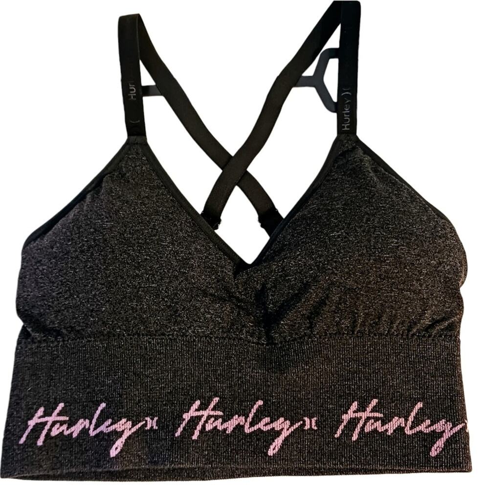 Hurley Signature Sports Bra Sz M GRAY Crisscross Back Adjustable Yoga Glam Beach